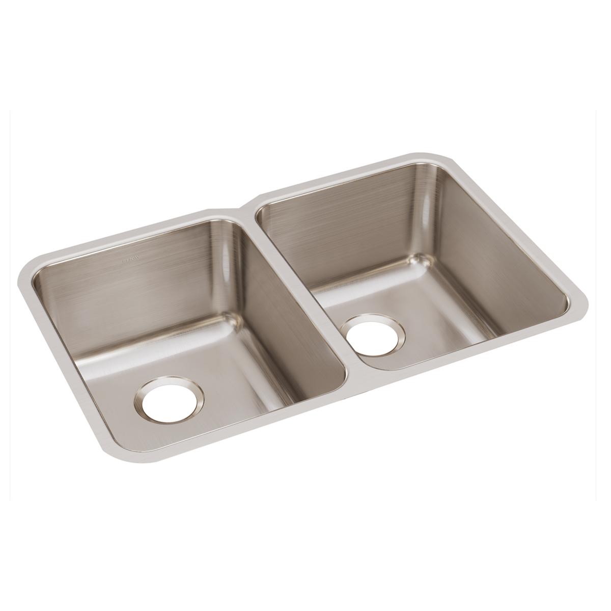 Stainless steel double bowl undermount sink with two equal-sized basins and drain holes.