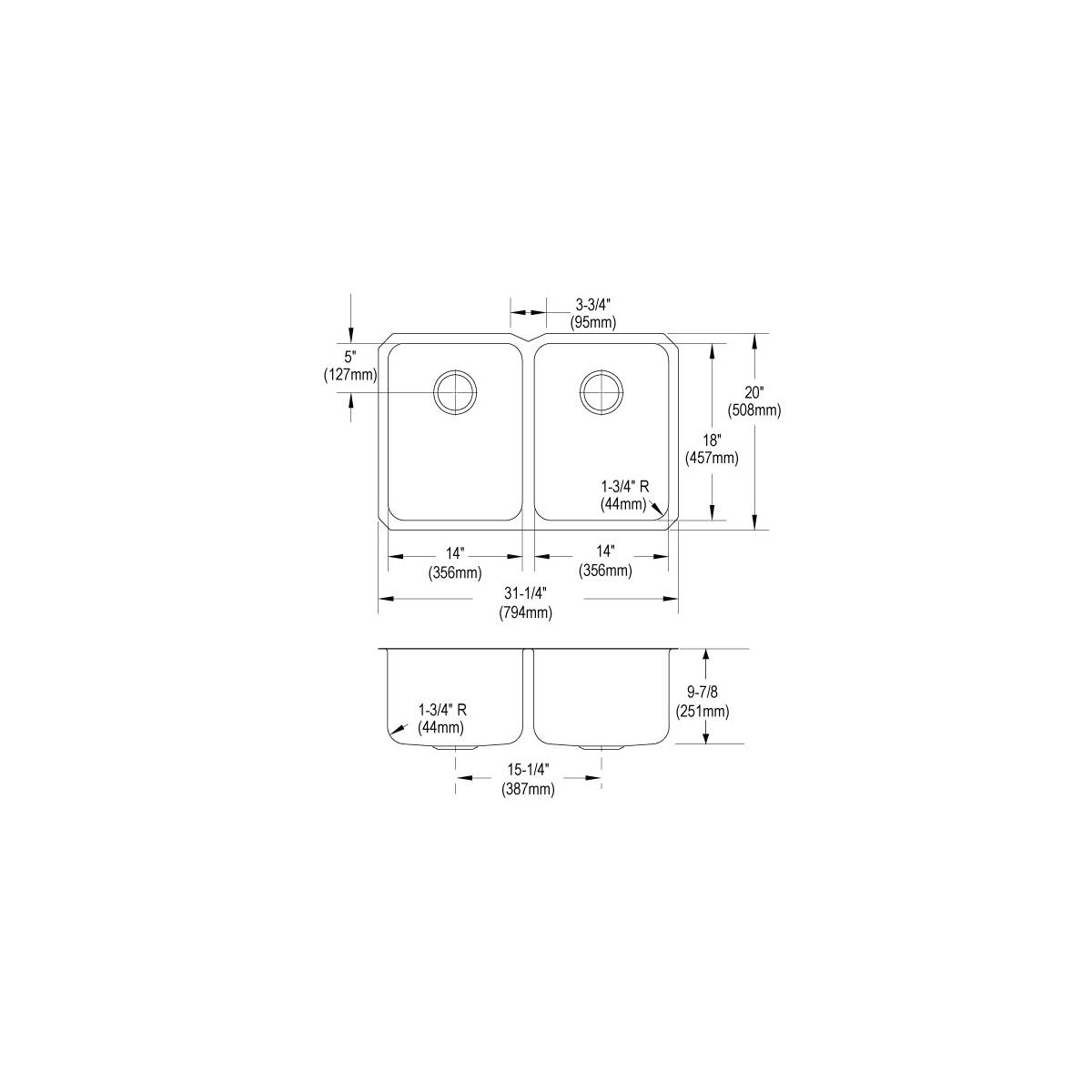 Technical schematic showing top and side views of a stainless steel double bowl undermount sink with labeled dimensions.