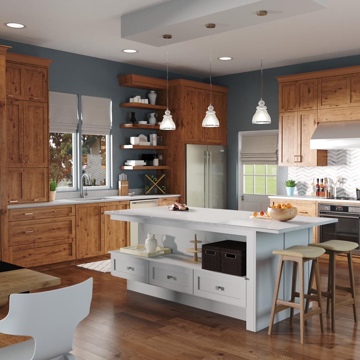 Stainless steel double bowl undermount sink installed beneath a kitchen countertop in a wood and blue-painted kitchen.