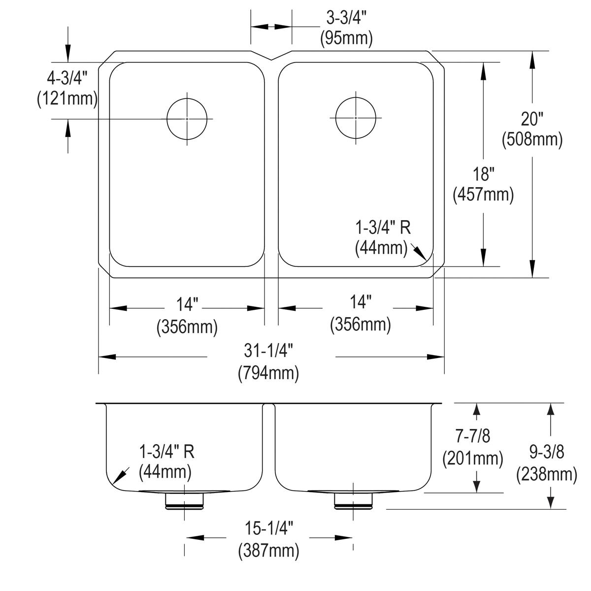 Stainless steel double bowl undermount sink with rounded corners, viewed from top and side with dimension measurements labele