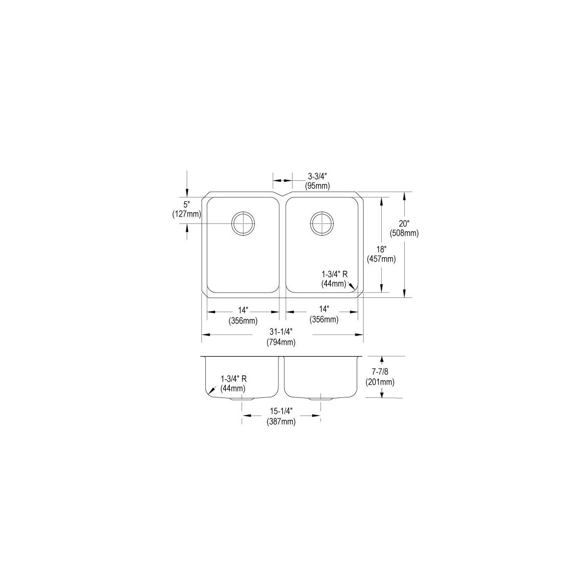 Stainless steel equal double bowl undermount sink with top and side view dimensions and drain hole placements shown.