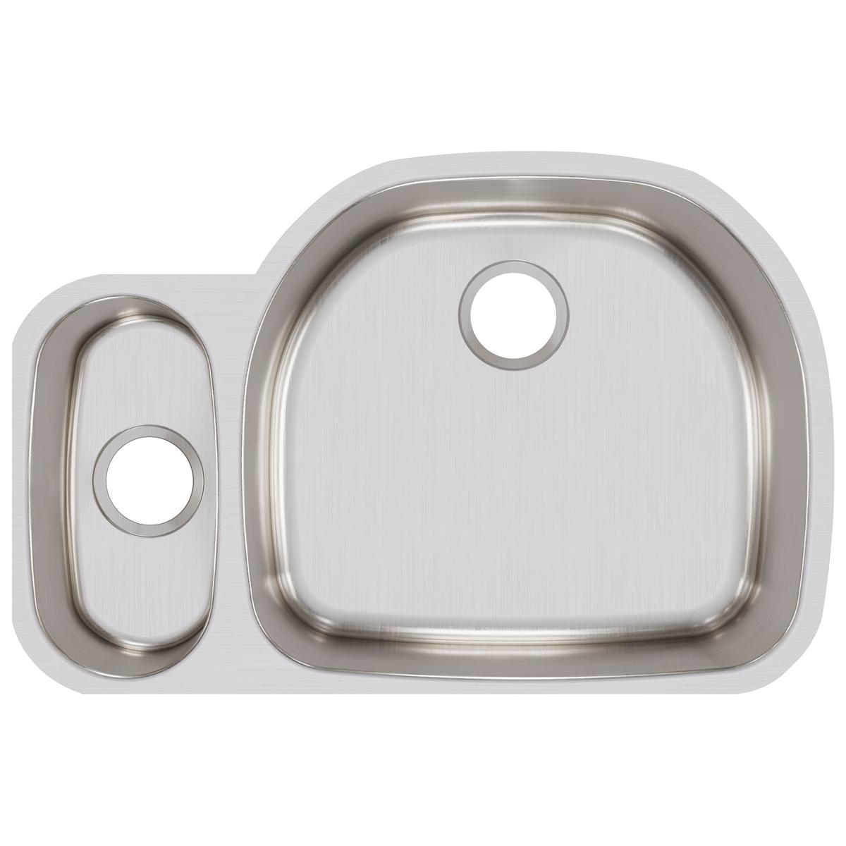 Stainless steel double bowl undermount sink with smaller left bowl and larger right bowl, each with single drain opening.