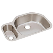 Stainless steel double bowl undermount sink with larger right bowl and smaller left bowl, each with drain opening.