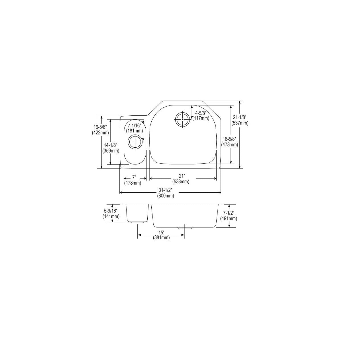 Stainless steel double bowl undermount sink with 30/70 offset configuration and detailed dimension measurements.