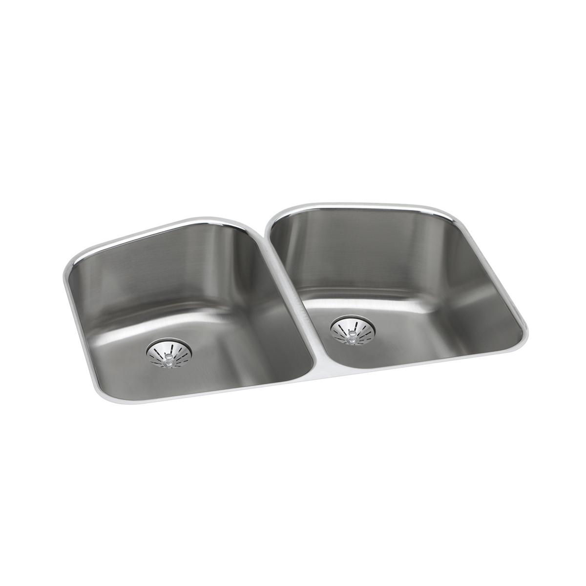 Stainless steel double bowl undermount sink with two drain openings, angled view.