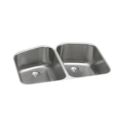 Stainless steel double bowl undermount sink with two drain openings, angled view.