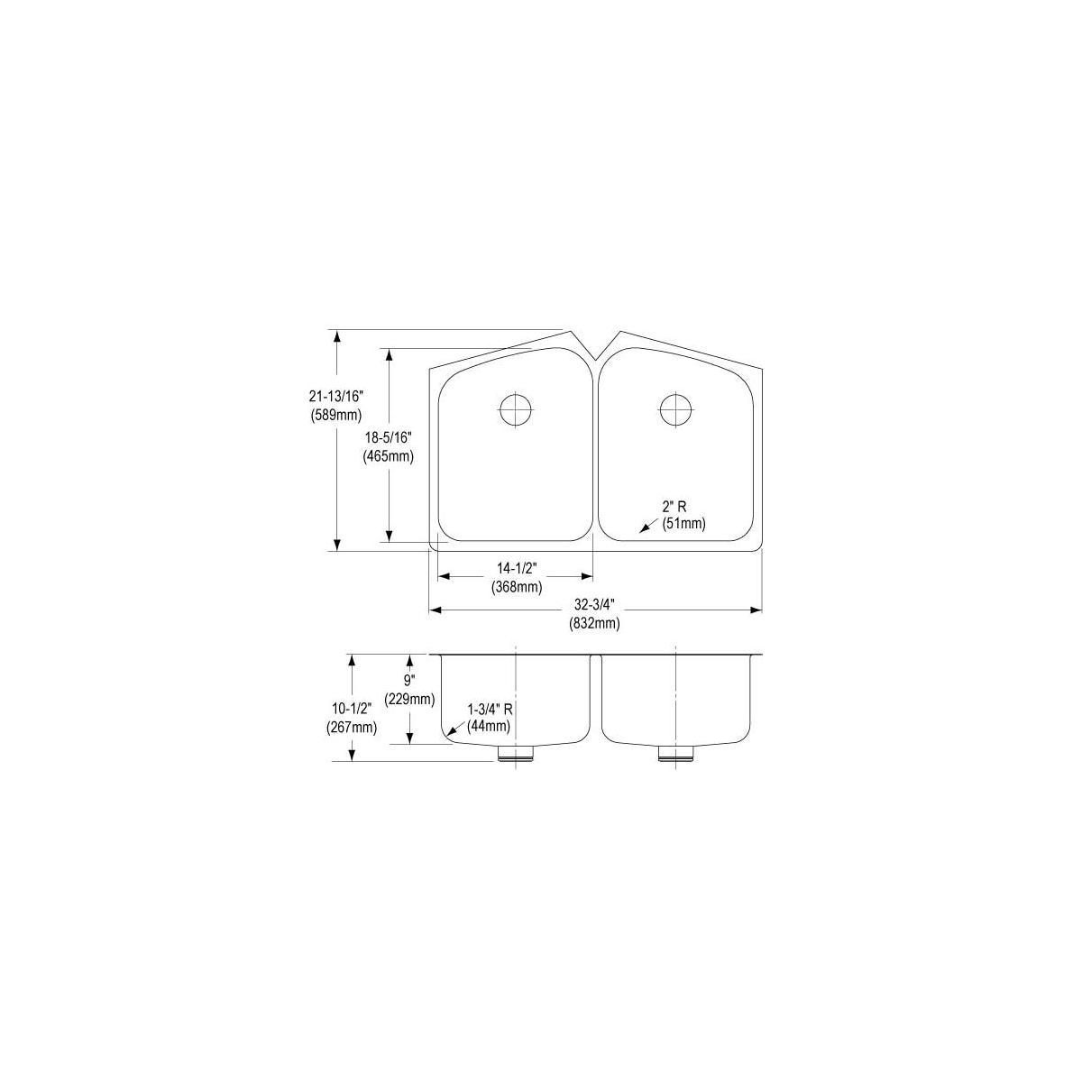 Stainless steel double bowl undermount sink with technical schematic showing dimensions and drain locations.