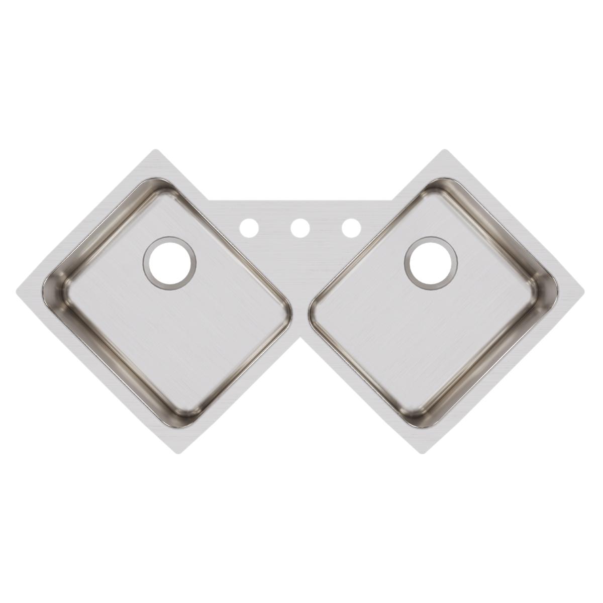 Stainless steel corner sink with two equal square bowls and three faucet holes along the top edge.