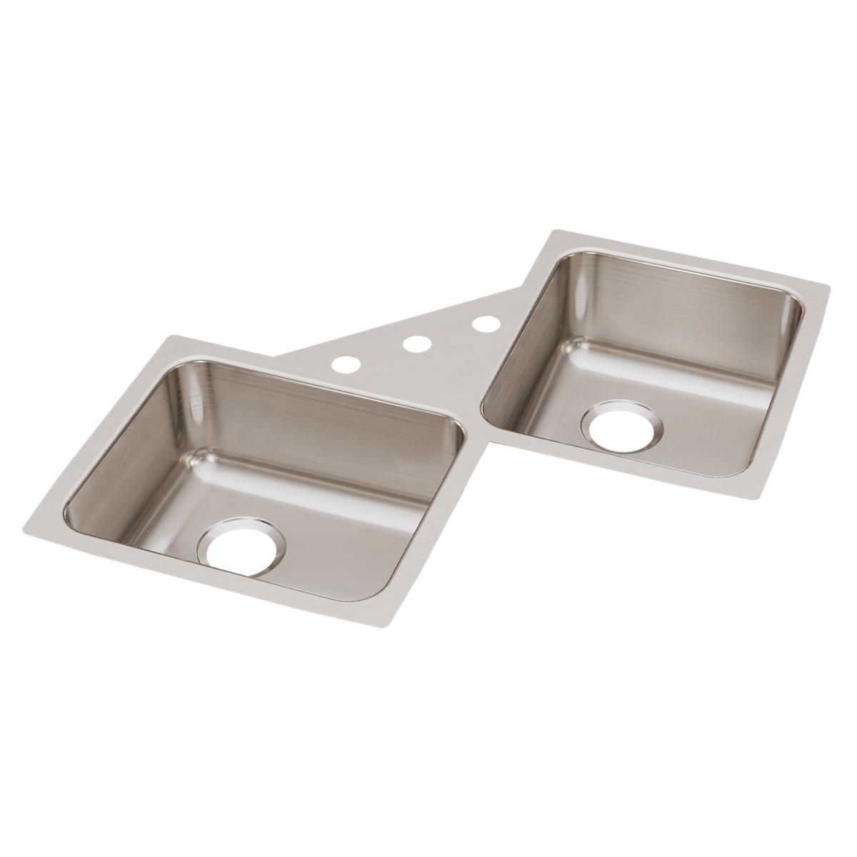 Stainless steel corner sink with two equal rectangular bowls and three faucet holes on the deck.