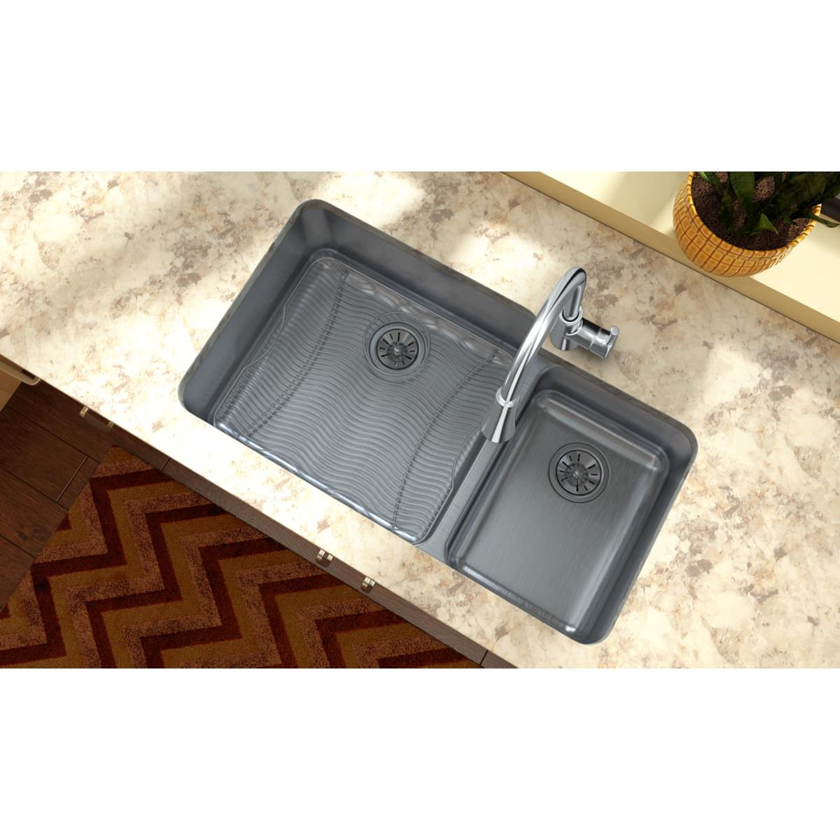 Stainless steel sink bottom grid with raised linear pattern, 19" x 17", sized for standard kitchen sink basin.