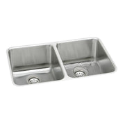 Stainless steel double bowl undermount sink with two equal-sized basins and drain strainers.