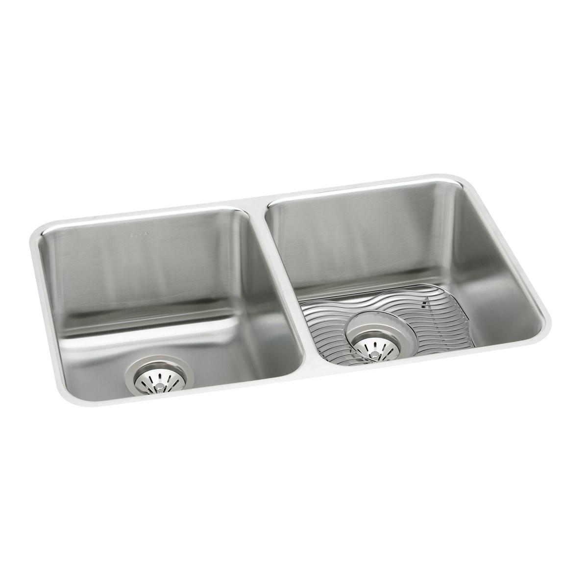 Stainless steel double bowl undermount sink with two equal-sized basins and drain strainers.