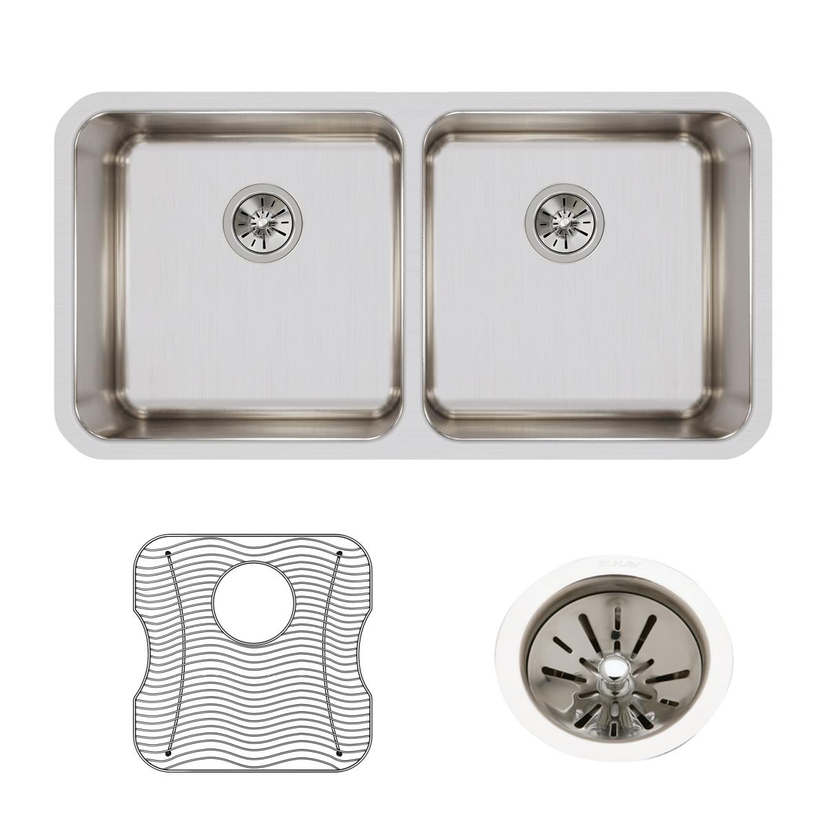 Stainless steel double bowl undermount sink with two drain baskets and one colander basket included.