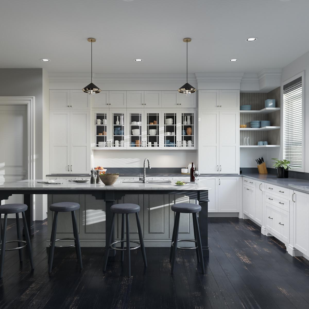 Stainless steel double bowl undermount sink installed in white kitchen cabinetry with dark countertop.