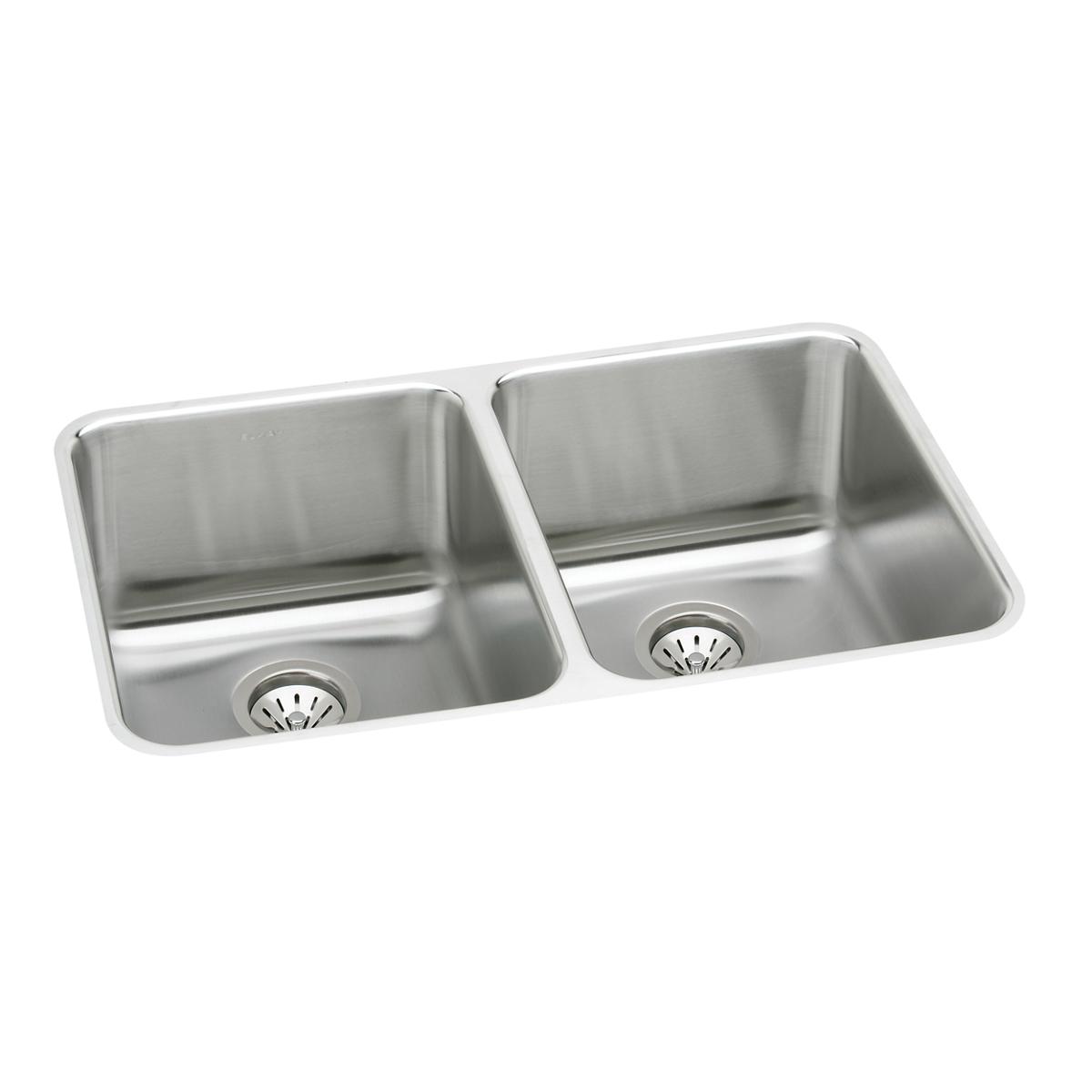 Stainless steel double bowl undermount sink with two equal-sized basins and drain strainers.