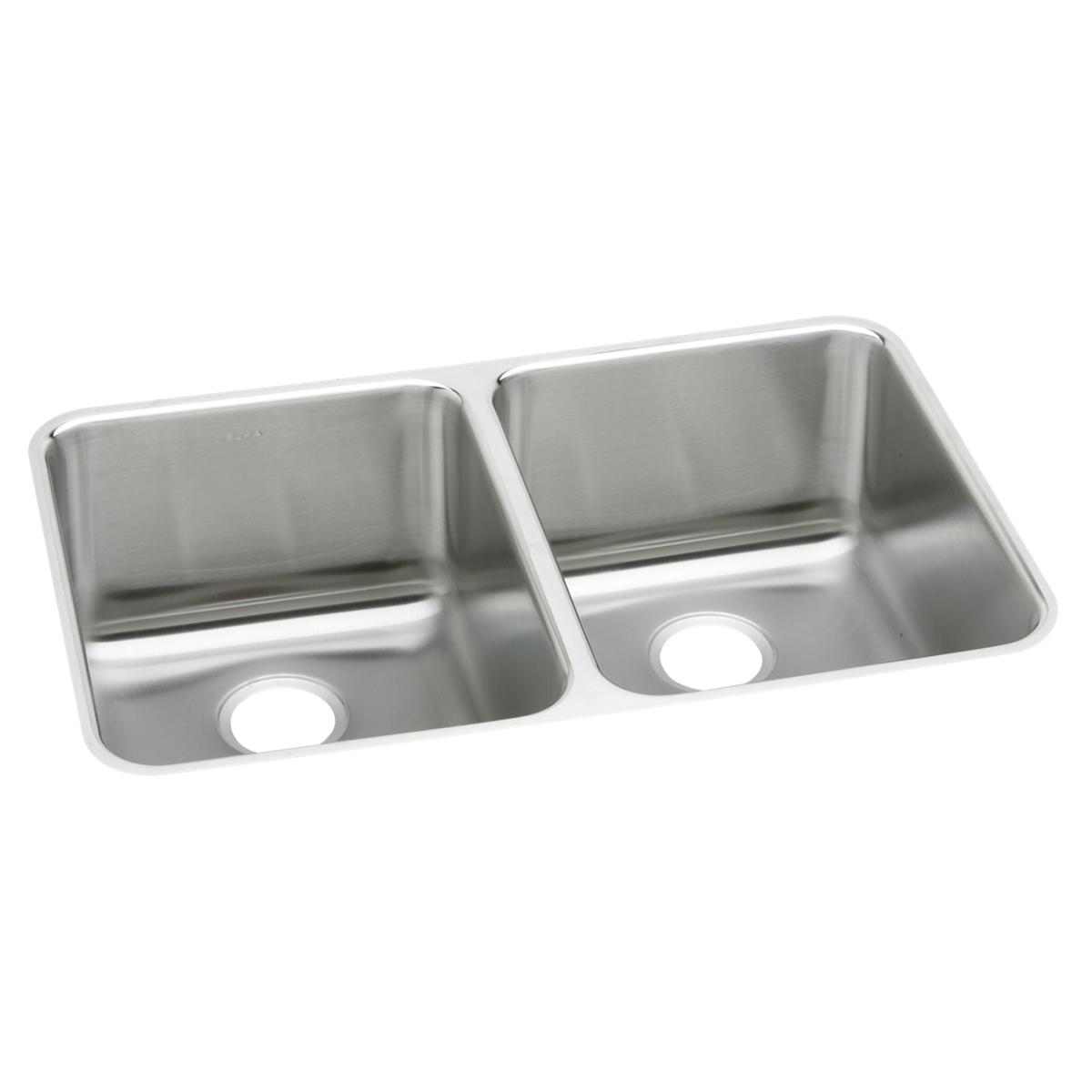 Stainless steel double bowl undermount sink with two equal-sized compartments and drain holes.