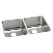 Stainless steel double bowl undermount sink with two equal-sized compartments and drain holes.