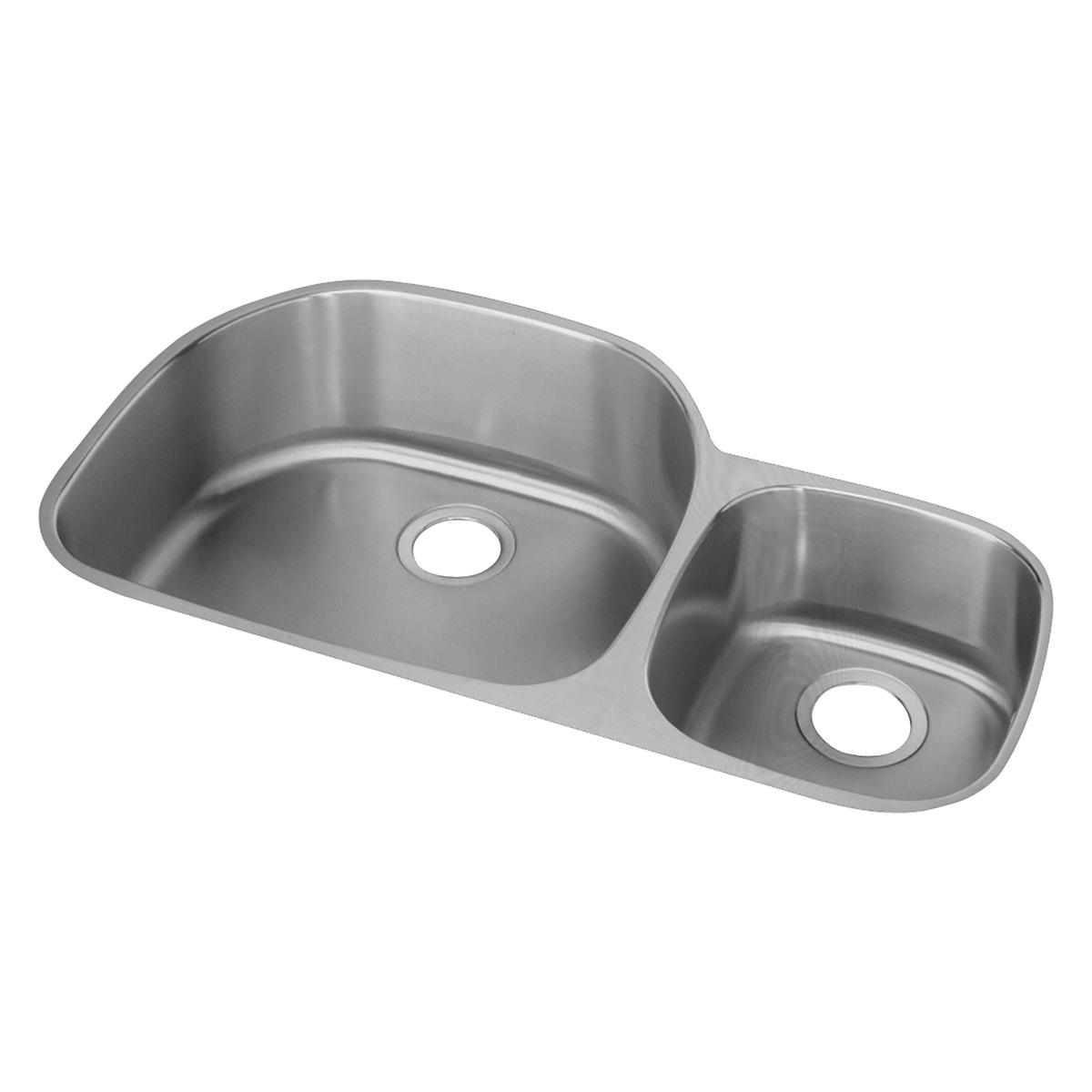 Stainless steel double bowl undermount sink with larger left basin and smaller right basin, each with drain hole.