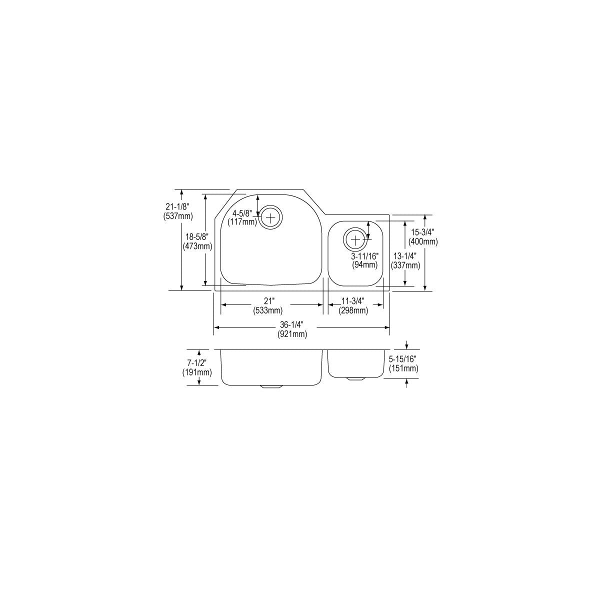 Stainless steel double bowl undermount sink with 60/40 configuration, showing top and side views with dimensions.