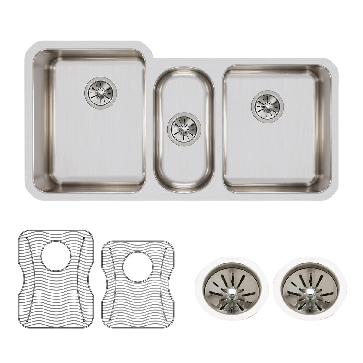Stainless steel triple bowl undermount sink with two drain baskets and two strainer assemblies included.