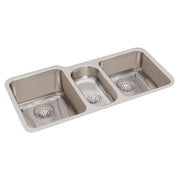 Stainless steel undermount sink with three bowls, two larger rectangular bowls on sides and one smaller oval bowl in center, 