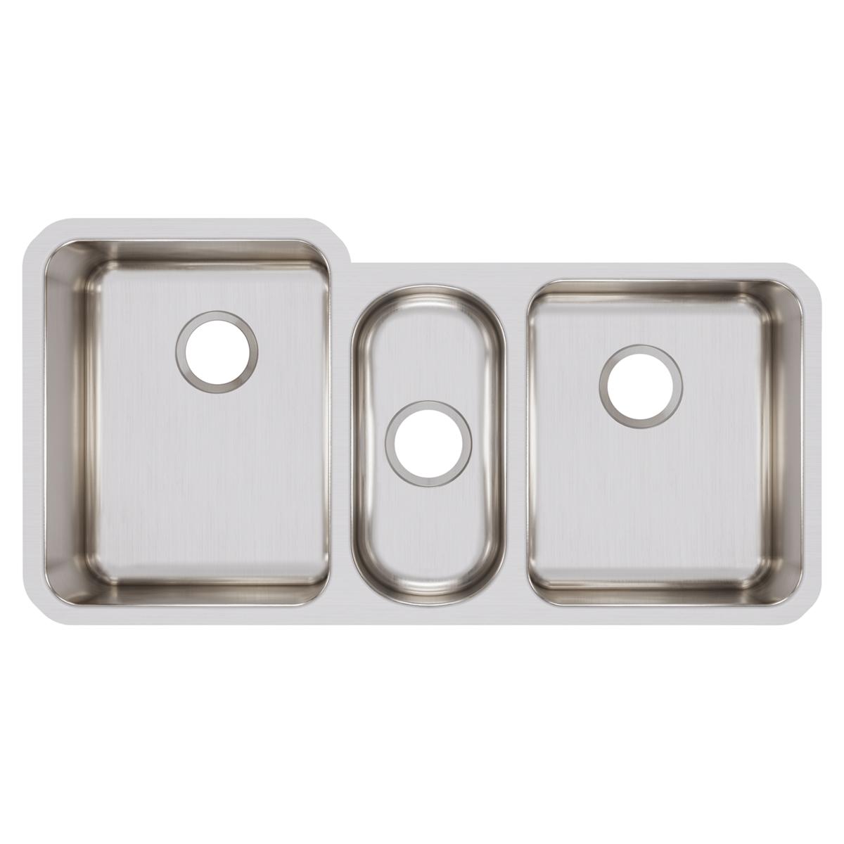 Stainless steel triple bowl undermount sink with brushed finish and rounded corners, viewed from above.