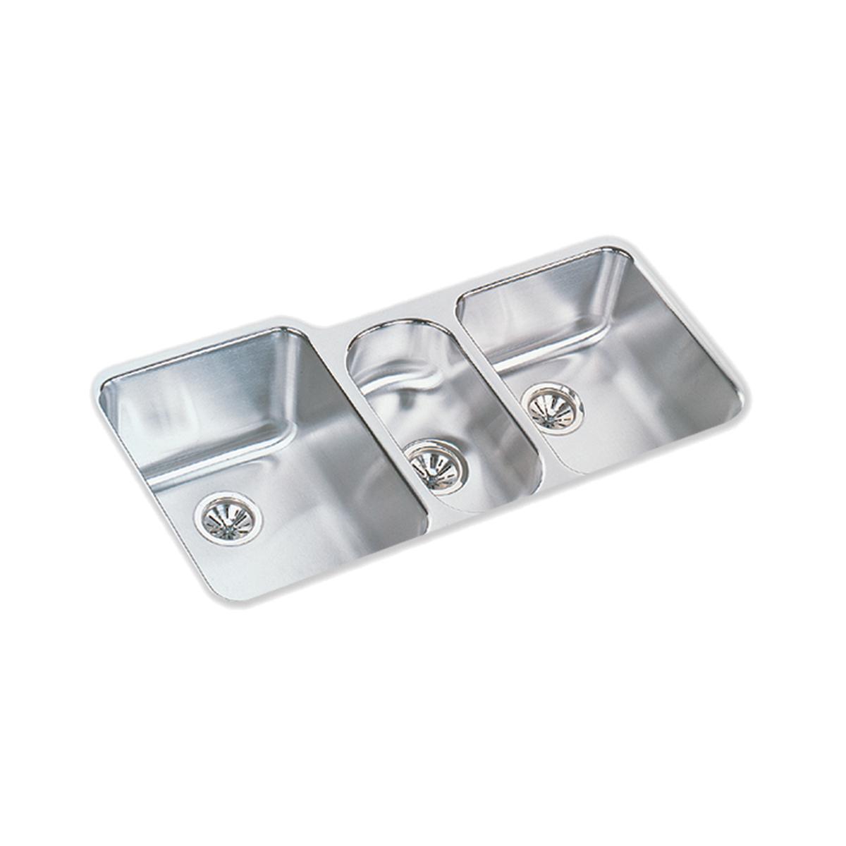 Stainless steel triple bowl undermount sink with drain strainers, brushed satin finish.