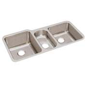 Stainless steel triple bowl undermount sink with brushed finish and three drain holes.