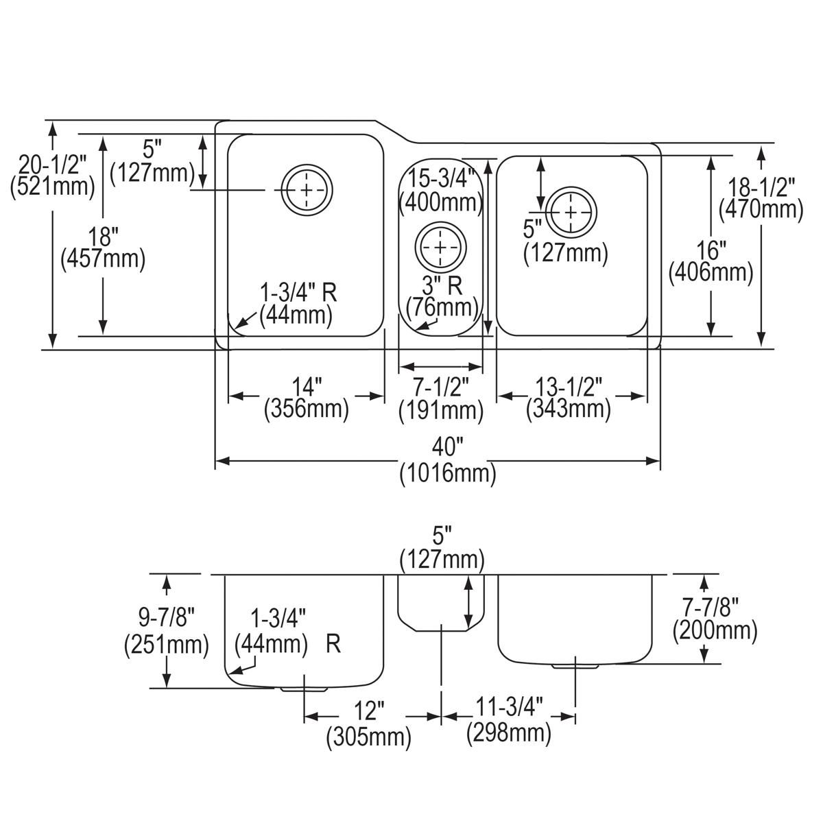 Stainless steel triple bowl undermount sink with technical specification drawings showing dimensions and drain locations.