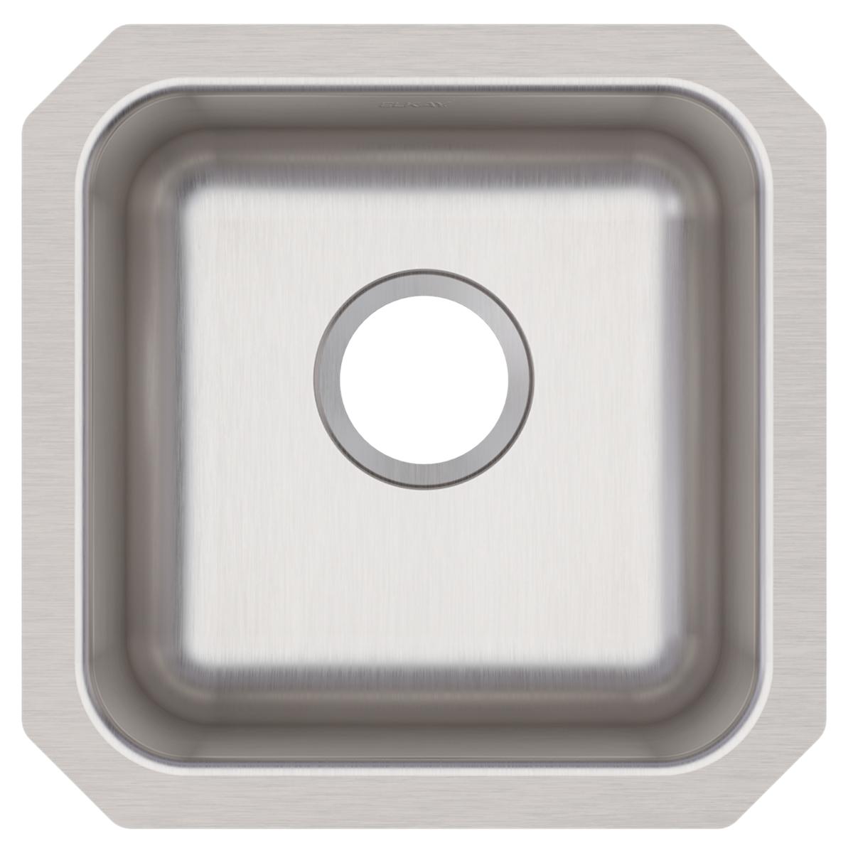 Stainless steel square single bowl undermount sink with brushed finish and drain hole opening.