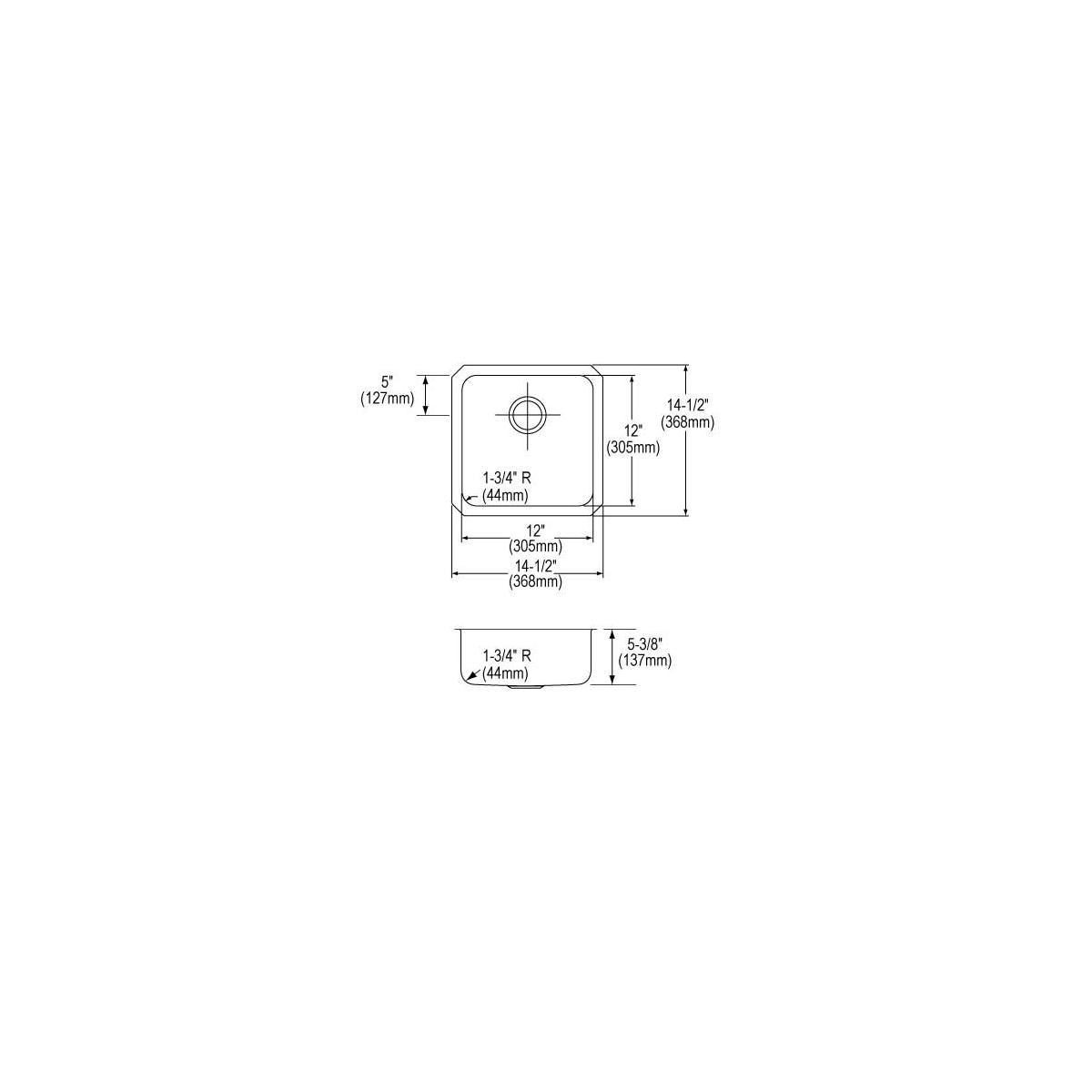 Technical drawing showing top and side views of a square stainless steel sink with rounded corners and centered drain hole, w