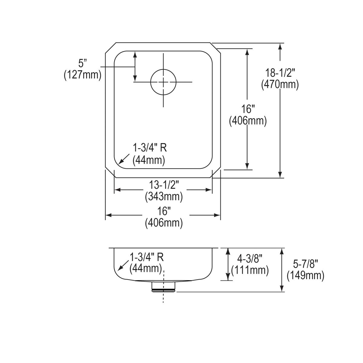 Technical drawing showing top and side views of stainless steel undermount sink with dimensions and drain location.