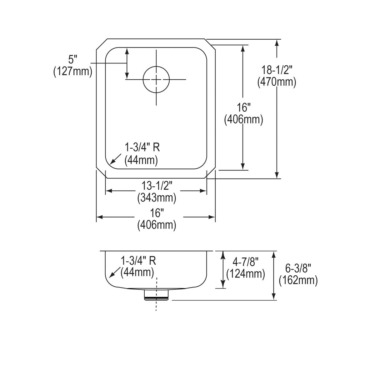 Stainless steel undermount sink with single bowl, drain opening, and rounded corners, shown in top and side technical drawing