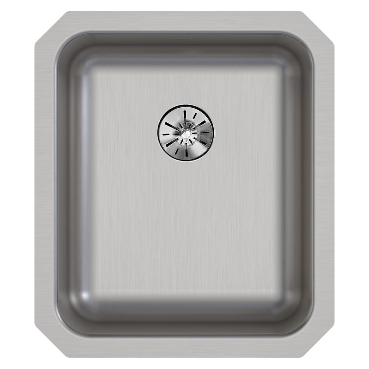 Stainless steel single bowl undermount sink with brushed finish and centered drain hole, shown from above.