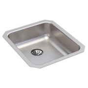 Stainless steel single bowl undermount sink with rounded corners and center drain opening.