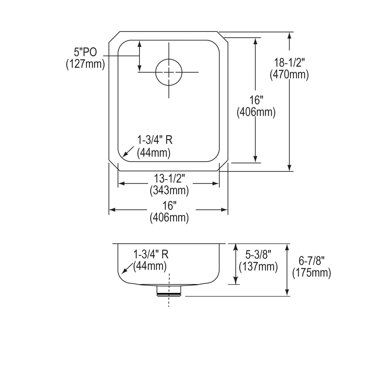 Technical drawing showing top and side views of stainless steel undermount sink with dimensions and drain placement.