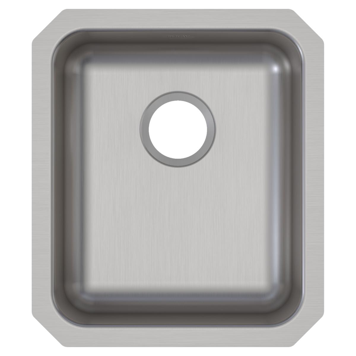 Stainless steel single bowl undermount sink with brushed finish and faucet hole, shown from above.