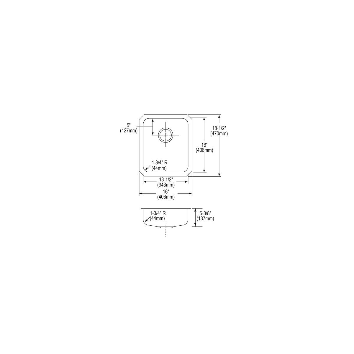 Technical drawing of rectangular stainless steel undermount sink with single bowl, showing top view and side profile with dra