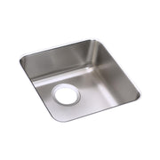 Stainless steel single bowl undermount sink with rounded corners and drain hole.