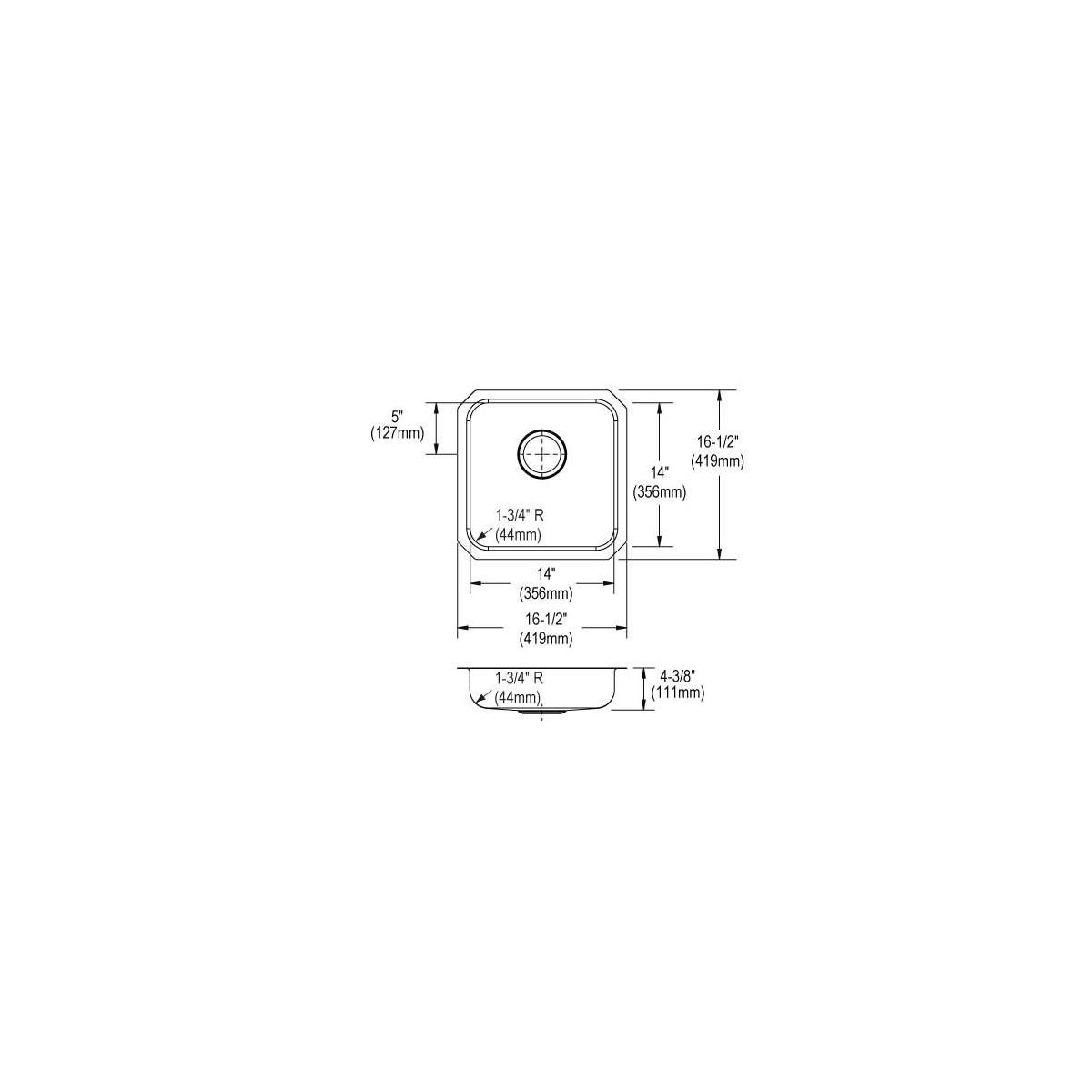 Stainless steel single bowl undermount sink with rounded corners and center drain hole, shown in top and side technical drawi