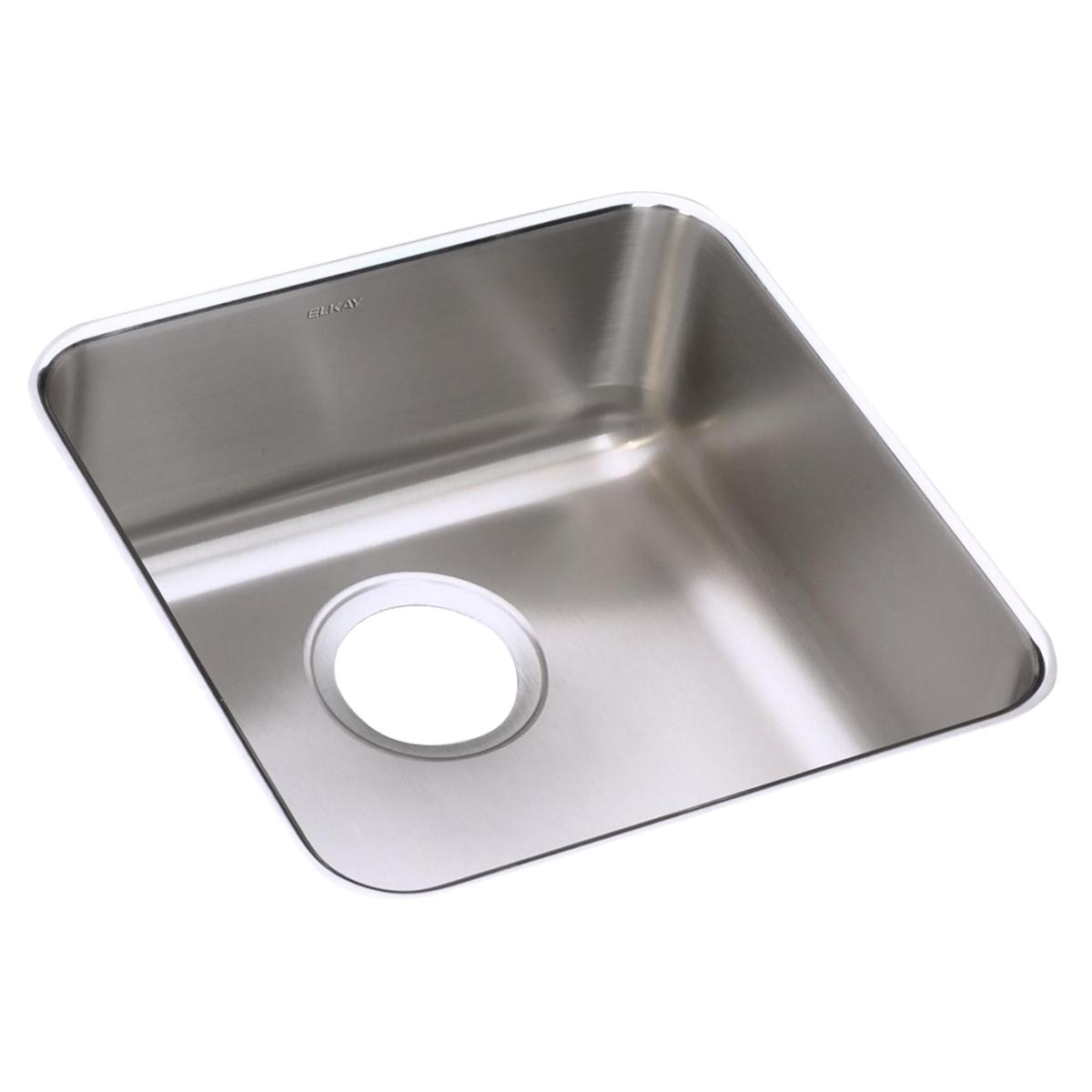 Square stainless steel undermount sink with single bowl and drain opening, brushed finish surface.