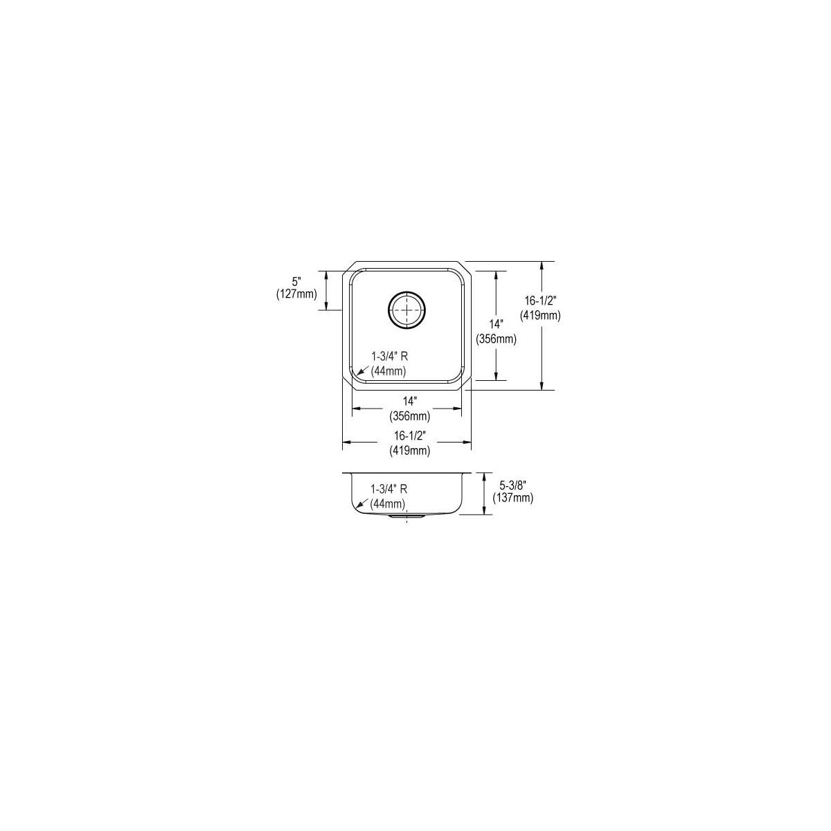 Stainless steel single bowl undermount sink with rounded corners and drainage hole, shown in top and side view technical draw