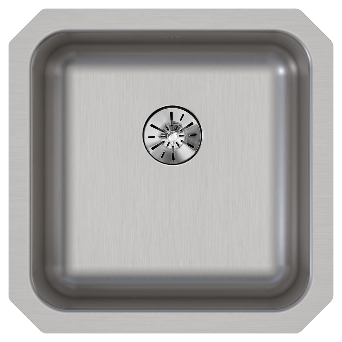 Stainless steel single bowl undermount sink with rounded corners and circular drain opening, viewed from above.