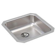 Square stainless steel undermount sink with single bowl and centered drain opening.
