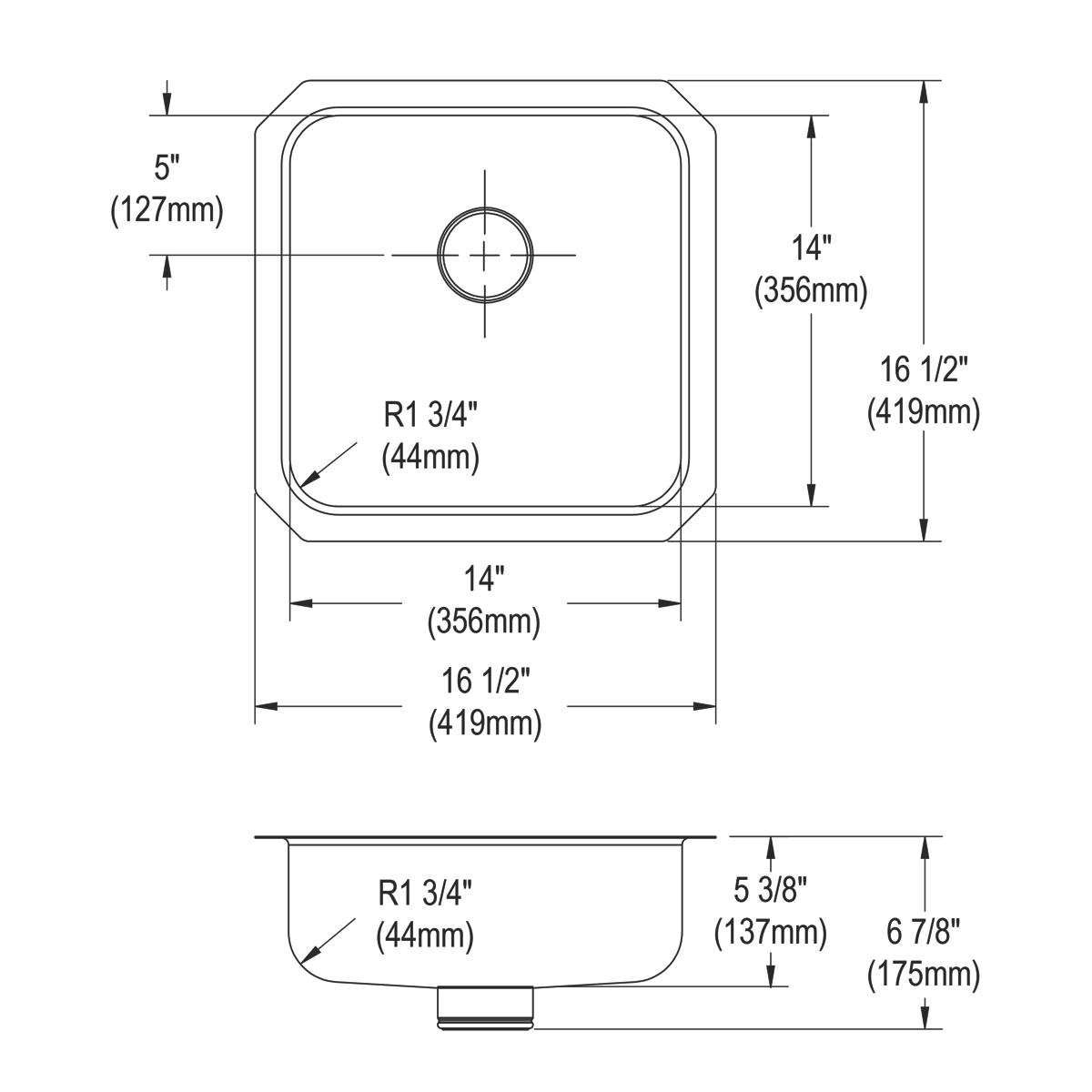 Technical drawing showing top and side views of a square stainless steel undermount sink with rounded corners and single drai