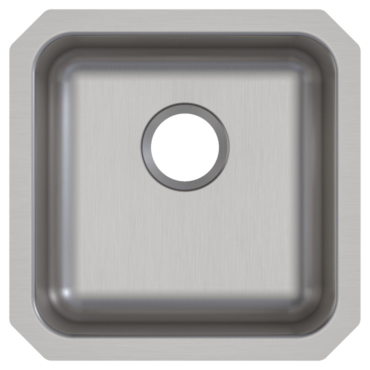 Square stainless steel undermount sink with brushed finish and single drain hole.