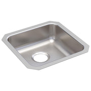 Stainless steel square undermount sink with single basin and drain hole, brushed finish interior.