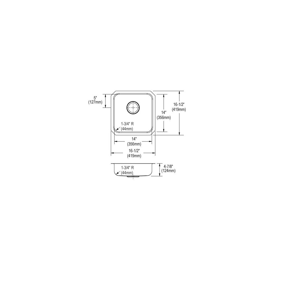 Top and side technical drawing of a square stainless steel undermount sink with rounded corners and drainage hole, showing di