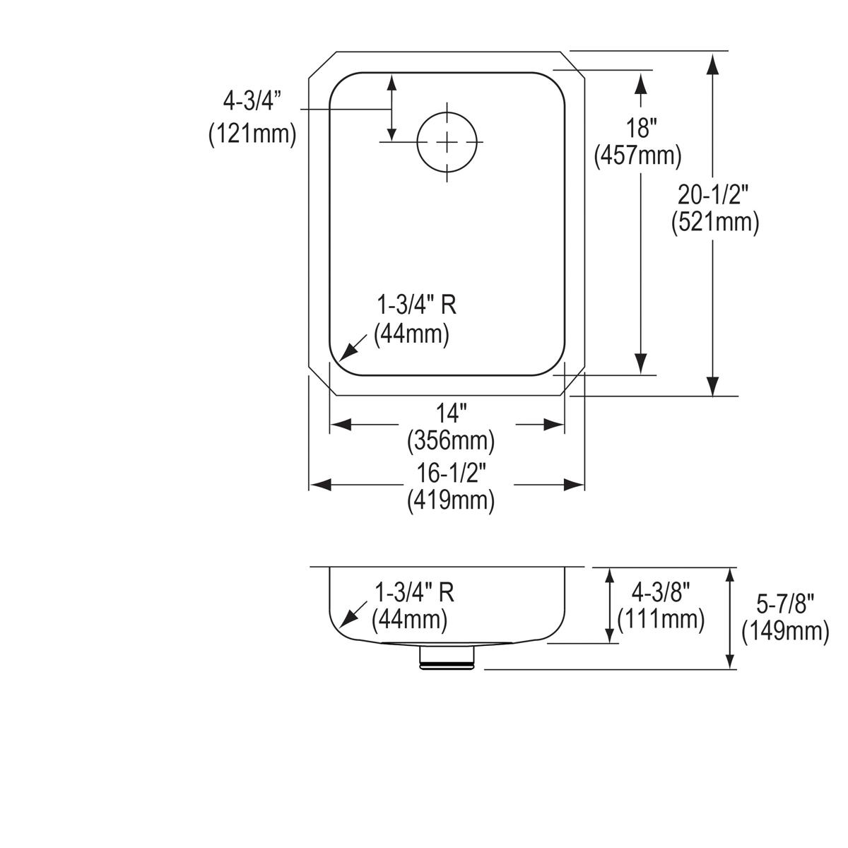 Single bowl undermount stainless steel sink with rounded corners and centered drain opening, shown in top and side view techn