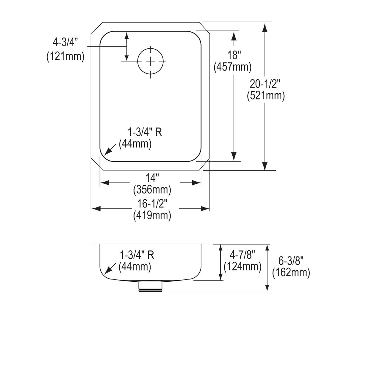 Technical schematic showing single bowl undermount sink dimensions with top and side profile views and drain location.